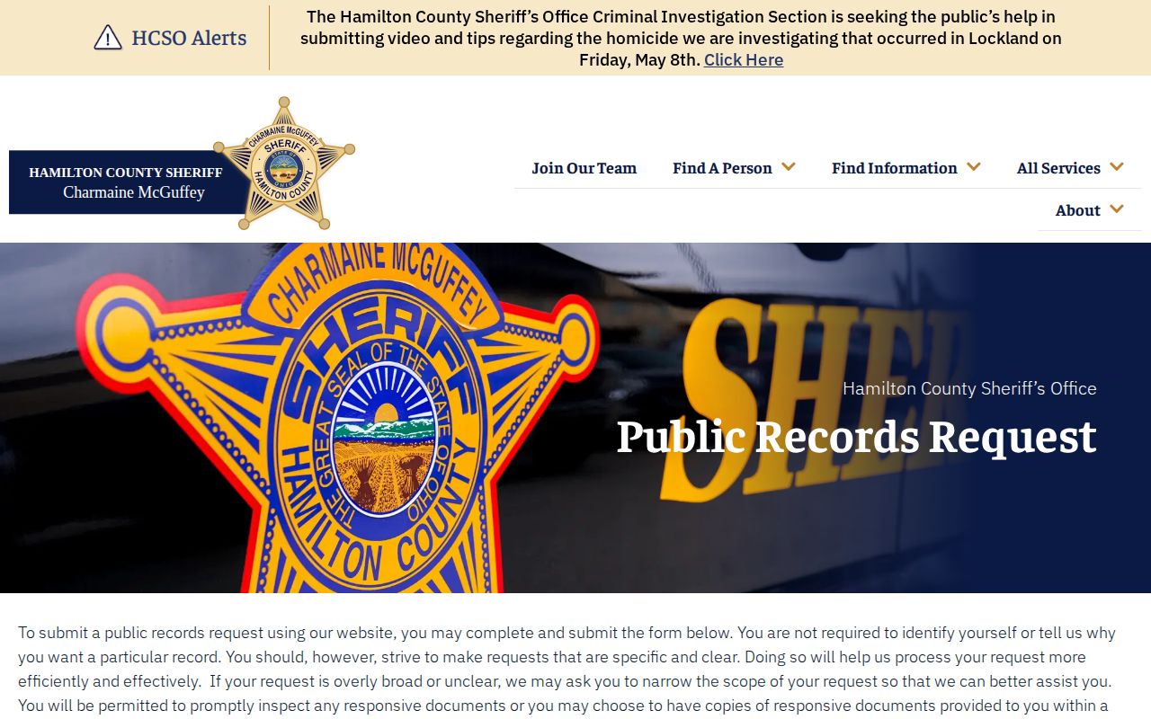 Hamilton County released inmate record request page