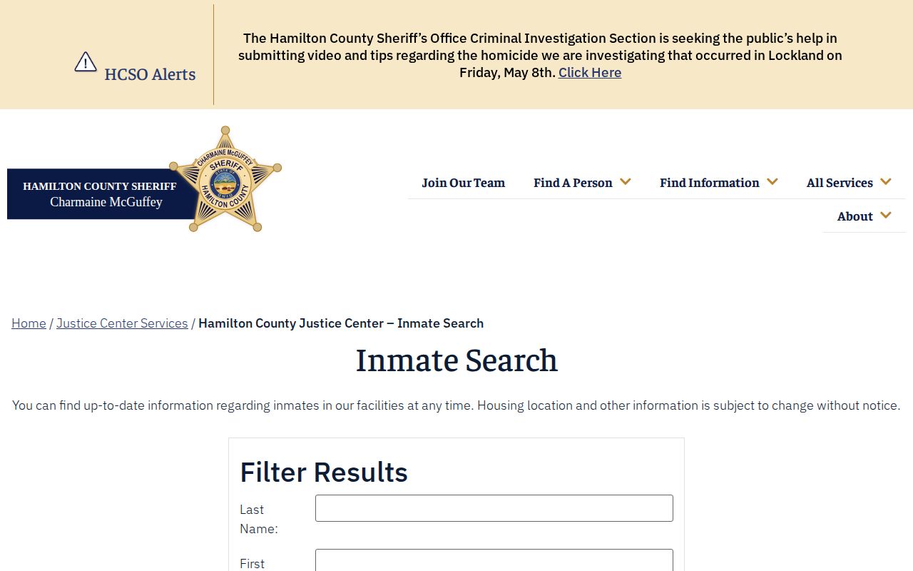Hamilton County current inmate search without a 72-hour release option