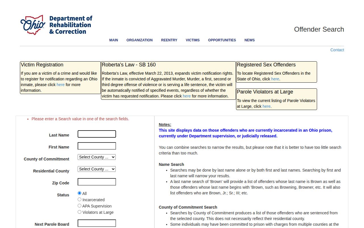 Hamilton County released inmate ODRC search status filters